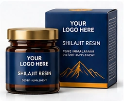 Illustrative shilajit resin packaging with YOUR LOGO HERE placeholder